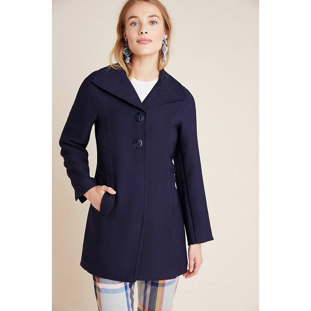 Anthropologie Wellesley Pleated Peacoat Jacket Navy Blue Button Front Collar L